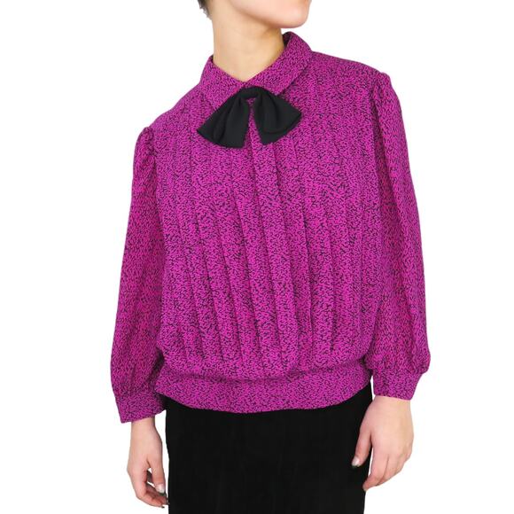 Vintage Tops - Alexis 1970s Vintage Blouse Purple Pleated Pussybow Neck Tie Blouse Small